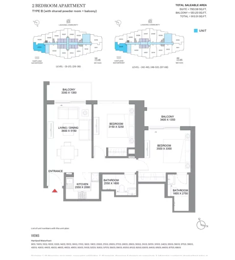 Floor plan, 2 Beds, 913 sq ft