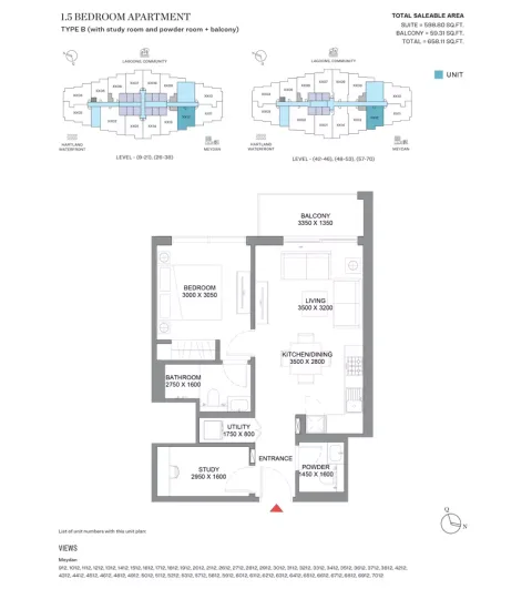 Floor plan, 2 Beds, 658 sq ft
