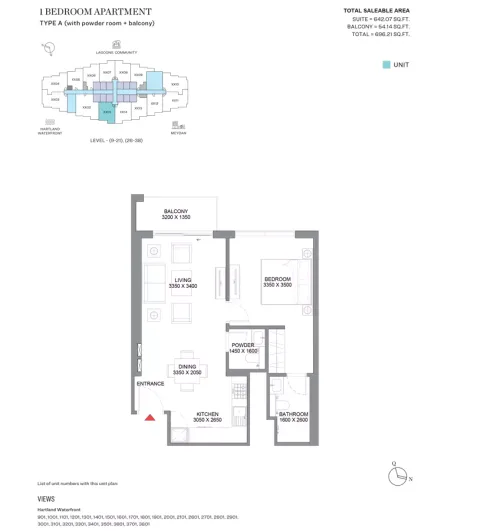 Floor plan, 1 Bed, 696 sq ft