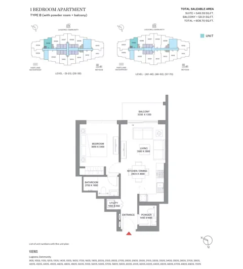 Floor plan, 1 Bed, 608 sq ft