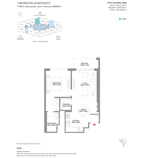 Floor plan, 1 Bed, 691 sq ft