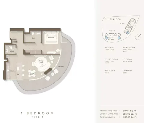 Floor plan, 1 Bed, 1,104 sq ft