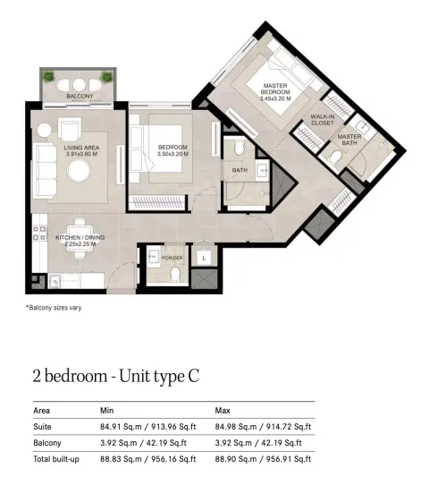 Floor plan, 2 Beds, 956 sq ft