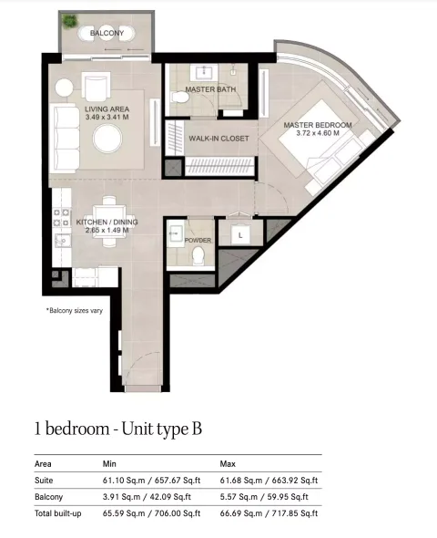 Floor plan, 1 Bed, 717 sq ft