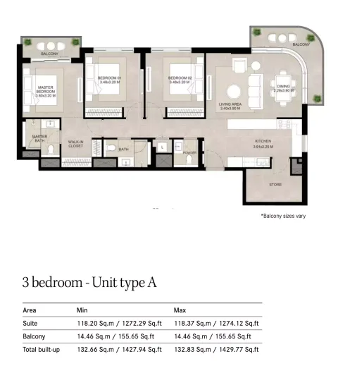 Floor plan, 3 Beds, 1,429 sq ft