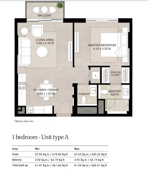 Floor plan, 1 Bed, 662 sq ft