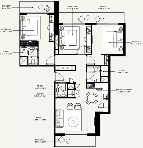 Floor plan, 3 Beds, 1,448 sq ft