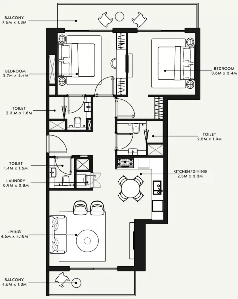 Floor plan, 2 Beds, 1,111 sq ft