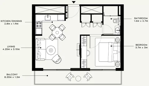 Floor plan, 1 Bed, 651 sq ft