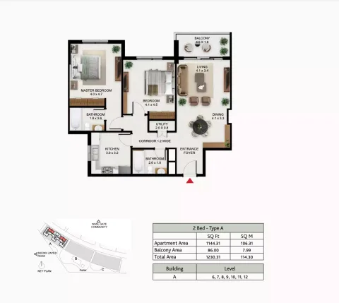 Floor plan, 2 Beds, 1,230 sq ft