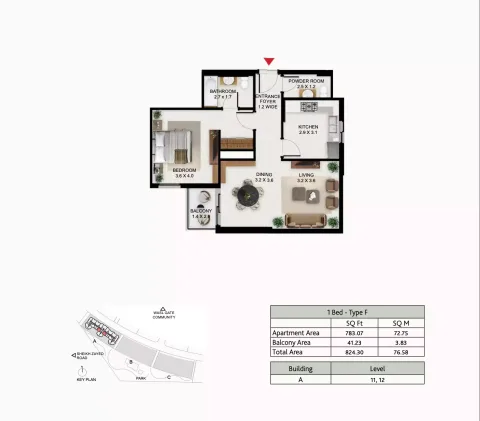 Floor plan, 1 Bed, 824 sq ft