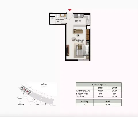 Floor plan, Studio, 410 sq ft