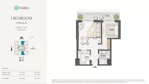 Floor plan, 1 Bed, 758 sq ft