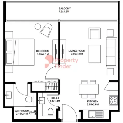 Floor plan, 1 Bed, 687 sq ft
