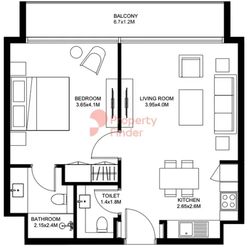 Floor plan, 1 Bed, 677 sq ft