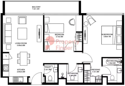 Floor plan, 2 Beds, 980 sq ft