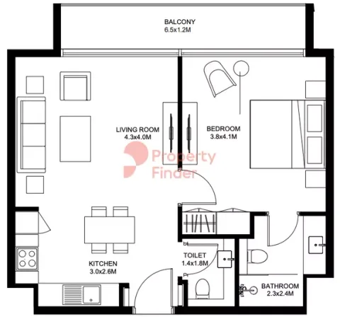 Floor plan, 1 Bed, 718 sq ft