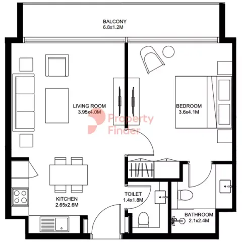 Floor plan, 1 Bed, 677 sq ft