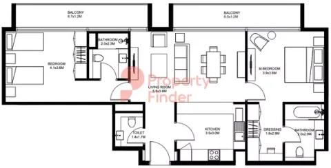 Floor plan, 2 Beds, 1,210 sq ft