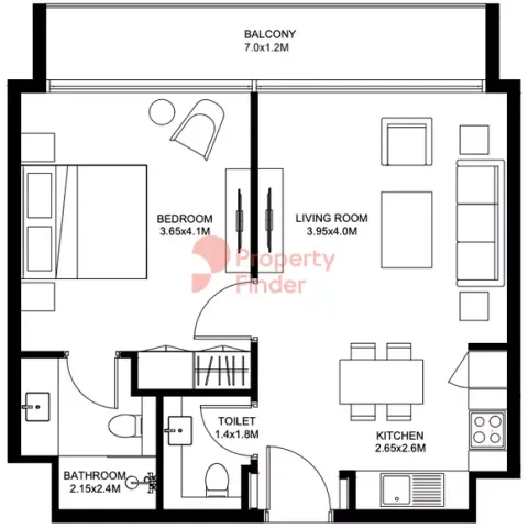 Floor plan, 1 Bed, 680 sq ft