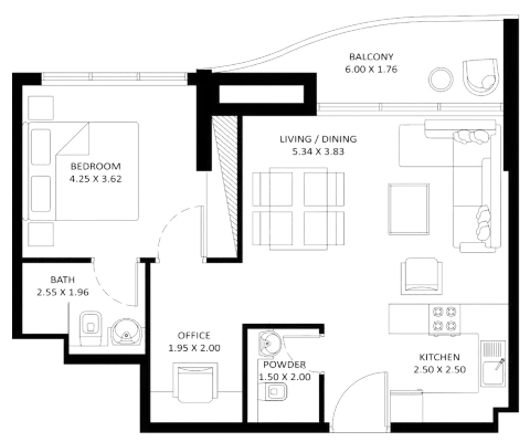 Floor plan, 1 Bed, 717 sq ft