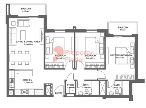 Floor plan, 3 Beds, 1,076 sq ft