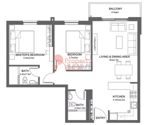 Floor plan, 2 Beds, 796 sq ft