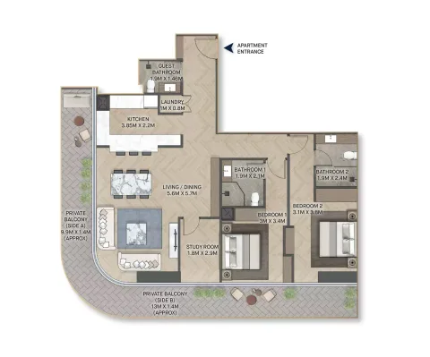 Floor plan, 2 Beds, 1,482 sq ft