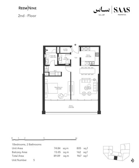 Floor plan, 1 Bed, 967 sq ft