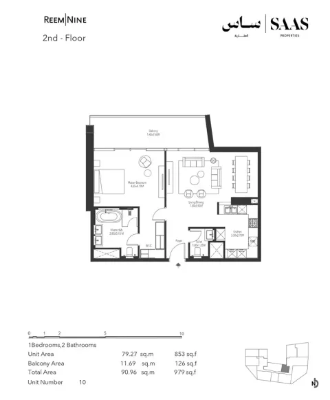 Floor plan, 1 Bed, 979 sq ft