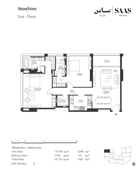 Floor plan, 2 Beds, 1,302 sq ft