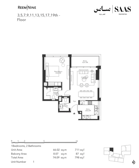 Floor plan, 1 Bed, 798 sq ft