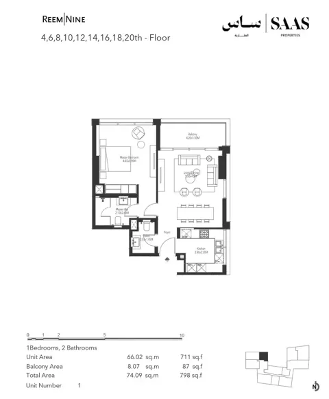 Floor plan, 1 Bed, 798 sq ft