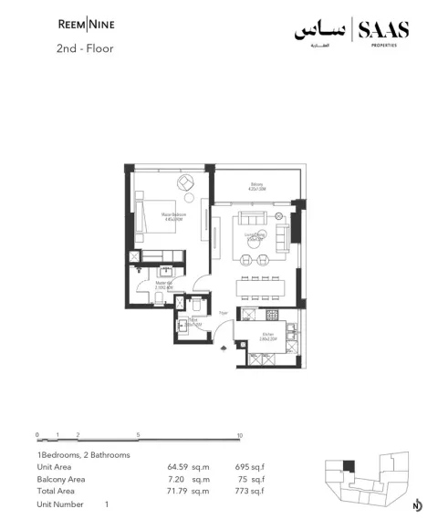 Floor plan, 1 Bed, 773 sq ft