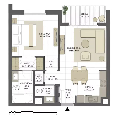 Floor plan, 1 Bed, 712 sq ft