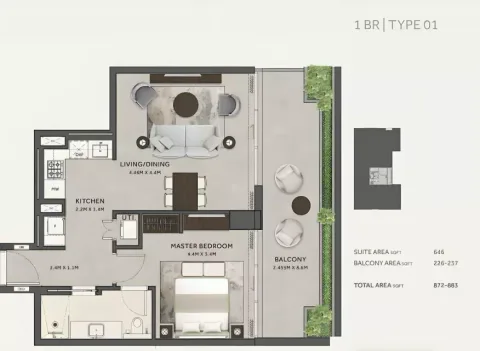 Floor plan, 1 Bed, 883 sq ft