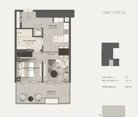 Floor plan, 1 Bed, 721 sq ft