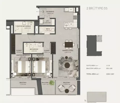 Floor plan, 2 Beds, 1,367 sq ft