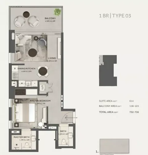 Floor plan, 1 Bed, 736 sq ft