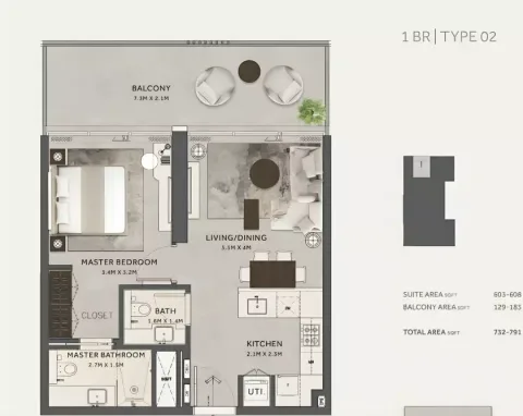 Floor plan, 1 Bed, 791 sq ft