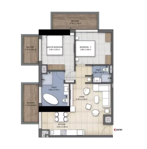 Floor plan, 2 Beds, 739 sq ft
