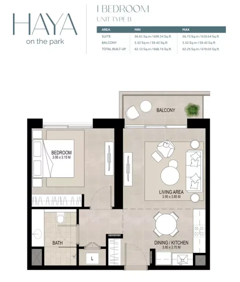 Floor plan, 1 Bed, 670 sq ft