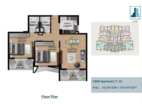 Floor plan, 2 Beds, 1,107 sq ft