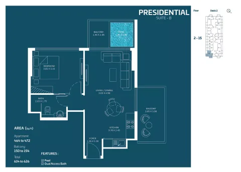 Floor plan, 1 Bed, 626 sq ft