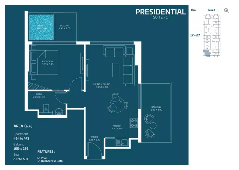 Floor plan, 1 Bed, 631 sq ft