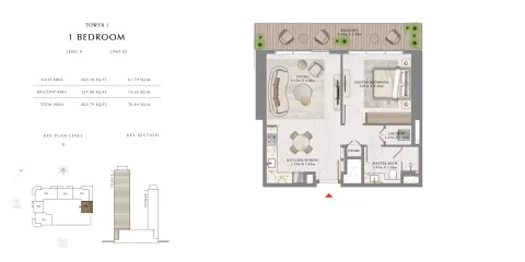 Floor plan, 1 Bed, 822 sq ft