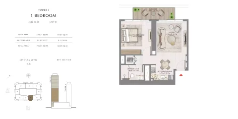 Floor plan, 1 Bed, 736 sq ft