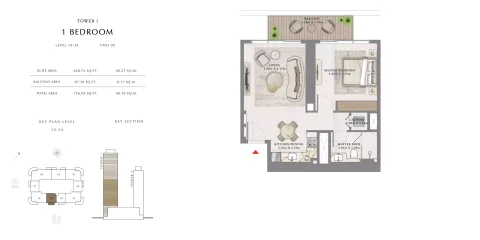 Floor plan, 1 Bed, 736 sq ft
