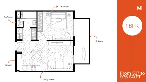 Floor plan, 1 Bed, 537 sq ft