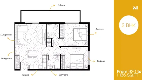 Floor plan, 2 Beds, 920 sq ft